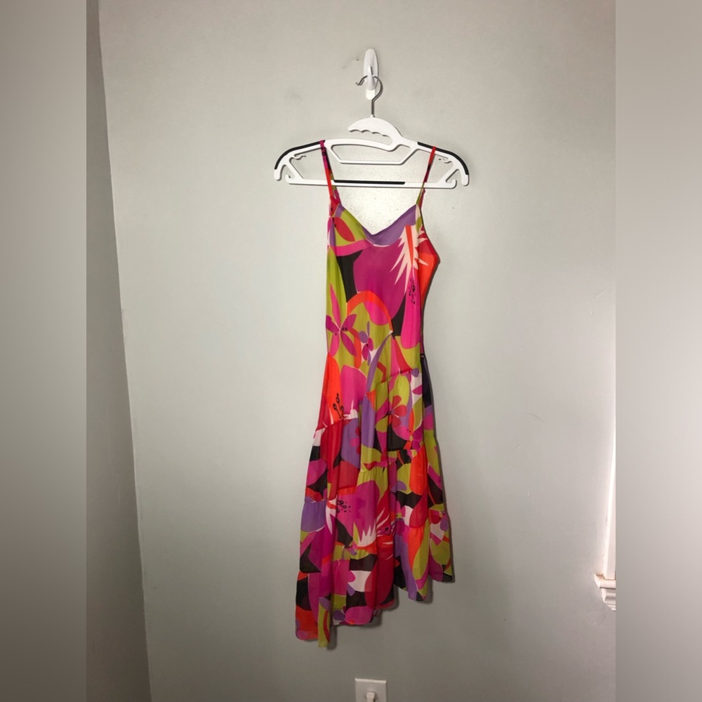 Tori Richard Honolulu silk strappy asymmetrical bright floral midi dress sz 2